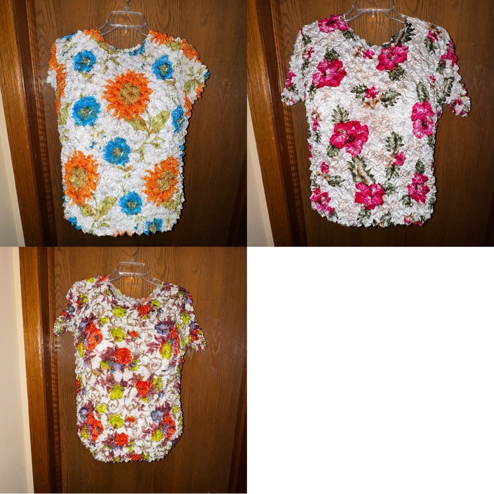 Lot of 3 Women’s Puffy-Popcorn Stretchy short sleeved tops various colors
